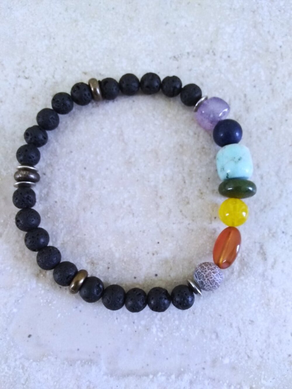 7 Chakra Natural Gemstone Bracelet with Black Lava Rock Diffuser Beads - 7-7.5"